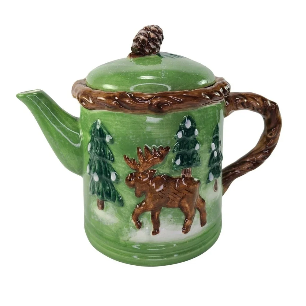 Cabin Lake Lodge Theme Teapot‎ With Lid Moose Bear Wildlife Tree Ceramic READ